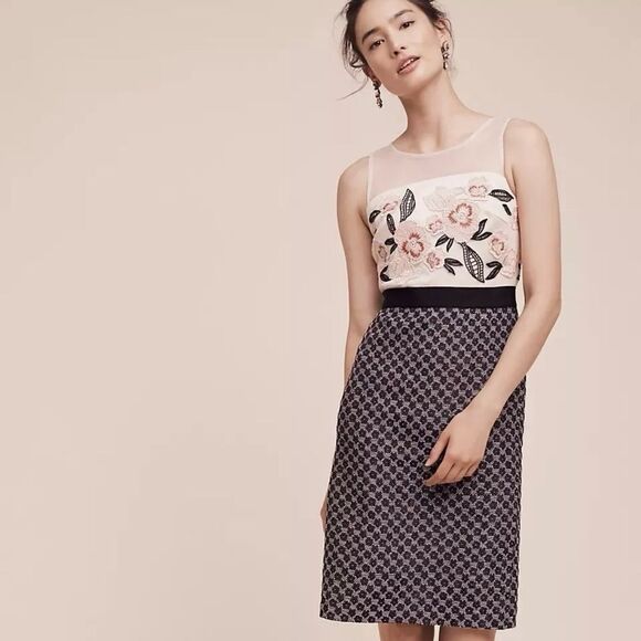 MOULINETTE SOEURS Anthropologie Loredana Beige & Black Embroidered Dress Size 2P - Picture 1 of 11